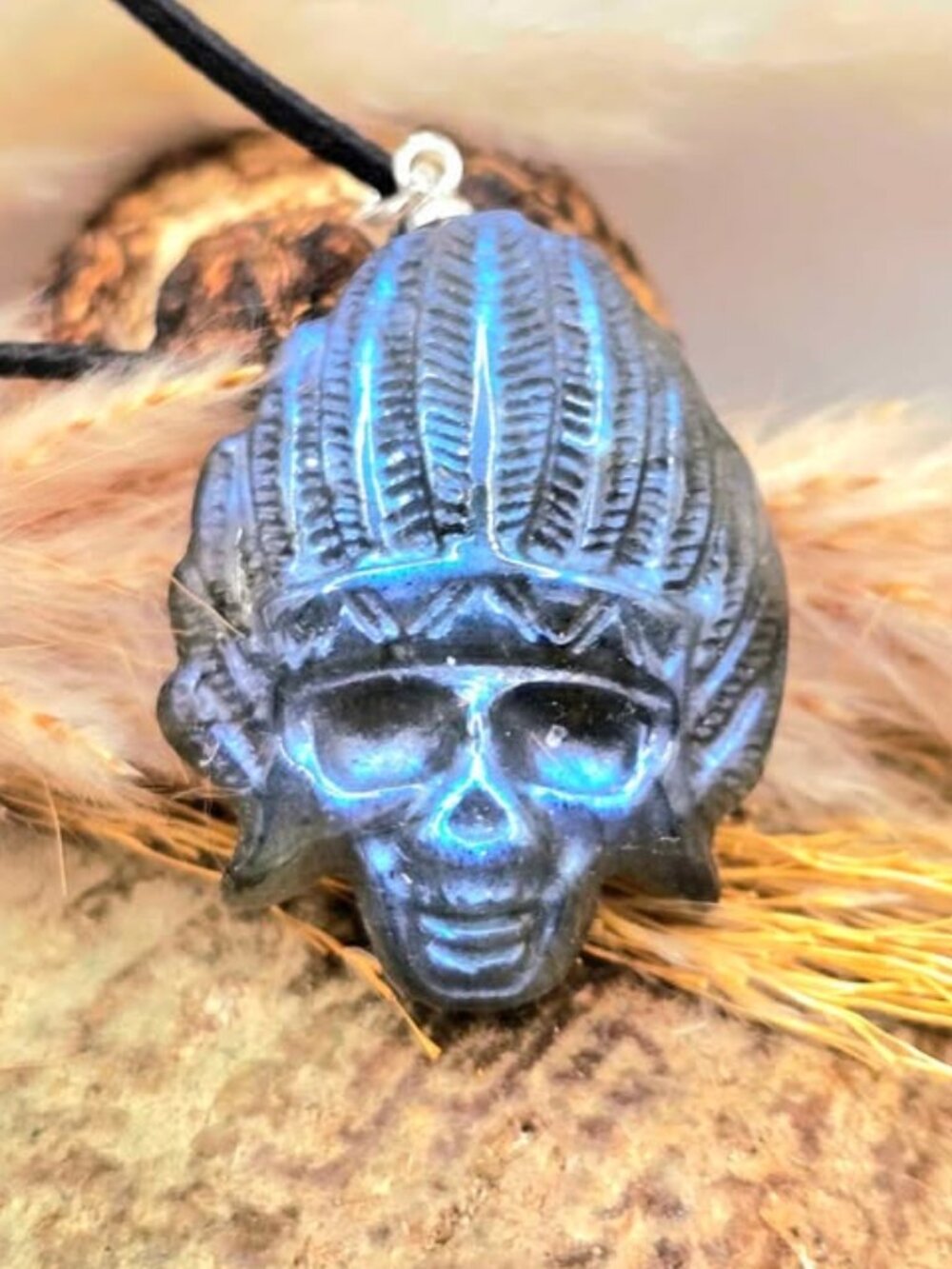 Nature Labradorite Native American Head Skull Pendant Necklace